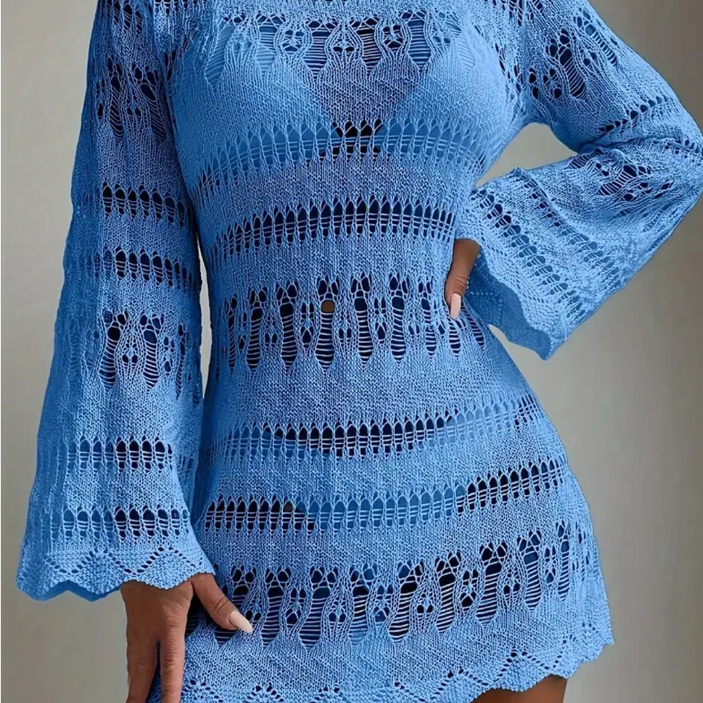 Blue Crochet Knit pool/ beach cover up with scalloped trim  NEW